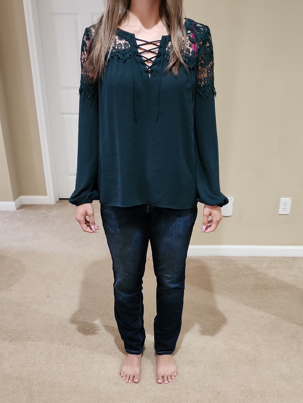 Express Deep Teal Lace-Shoulder Peasant Blouse